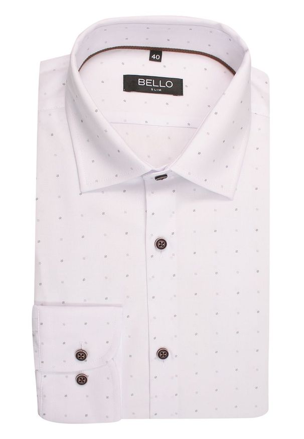 Bello - Koszula Wizytowa, Biała w Kropki, Groszki, z Długim Rękawem, Taliowana -BELLO- Elegancka, Męska. Okazja: na spotkanie biznesowe, do pracy. Kolor: biały. Materiał: poliester, bawełna. Długość rękawa: długi rękaw. Długość: długie. Wzór: kropki, grochy. Styl: wizytowy, elegancki