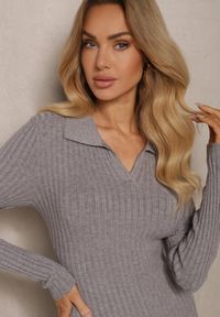 Renee - Szara Sweterkowa Sukienka z Wiskozą i Modalem o Dopasowanym Kroju z Kołnierzykiem Sealiea. Kolor: szary. Materiał: wiskoza. Wzór: prążki. Typ sukienki: kopertowe, oversize, dopasowane. Styl: elegancki #5