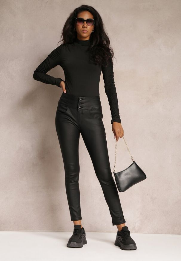 Renee - Czarne Spodnie High Waist Skinny z Ekoskóry Opmin. Stan: podwyższony. Kolor: czarny