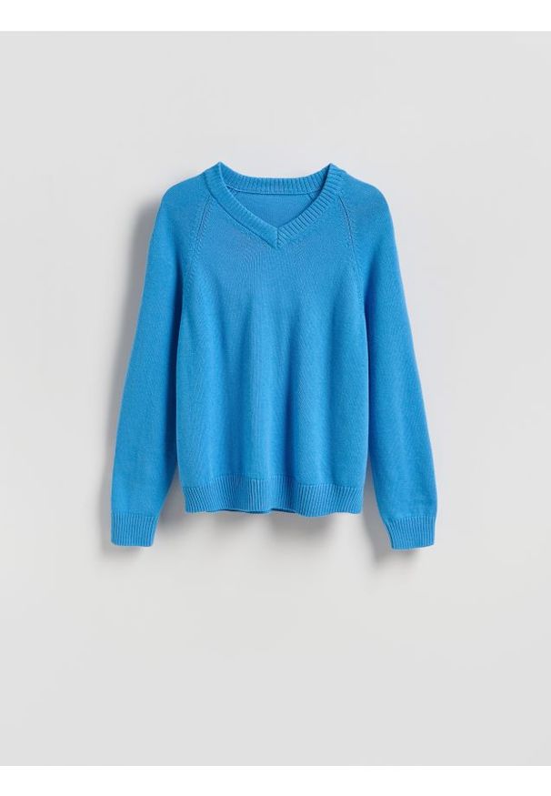 Reserved - Sweter z dekoltem V - niebieski. Kolor: niebieski. Materiał: bawełna, dzianina