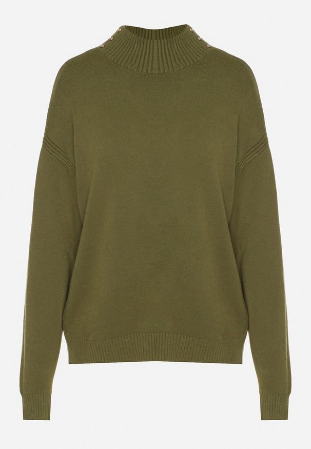 Born2be - Zielony Golf z Metalicznymi Guzikami Aderlia. Okazja: do pracy, na co dzień, na spotkanie biznesowe. Typ kołnierza: golf. Kolor: zielony. Materiał: jeans. Styl: klasyczny, casual, elegancki, biznesowy