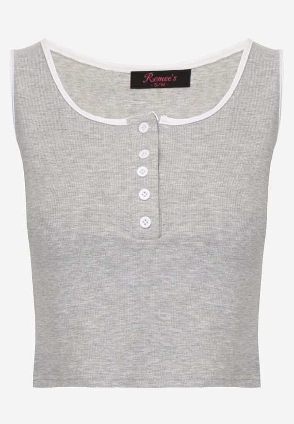 Renee - Szary Prążkowany Top z Bawełny Ozdobiony Guzikami przy Dekolcie Beralissa. Okazja: na co dzień. Kolor: szary. Materiał: prążkowany, bawełna. Wzór: aplikacja. Styl: casual