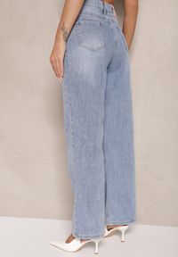 Renee - Niebieskie Szerokie Jeansy High Waist z Ozdobnymi Naszywkami Hleffia. Okazja: na co dzień. Stan: podwyższony. Kolor: niebieski. Wzór: aplikacja. Styl: klasyczny, casual, elegancki