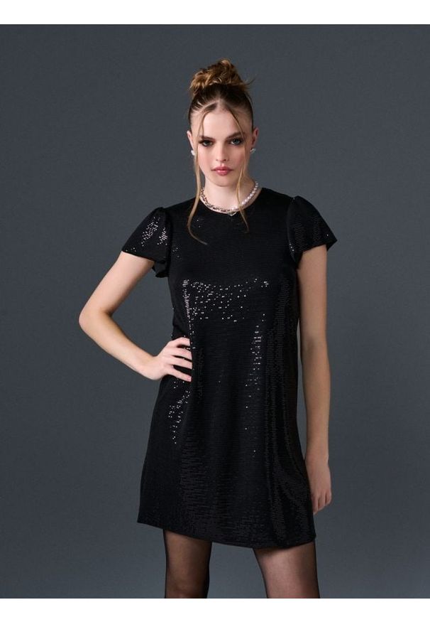 Sinsay - Sukienka mini z połyskującymi aplikacjami - czarny. Kolor: czarny. Wzór: aplikacja. Długość: mini