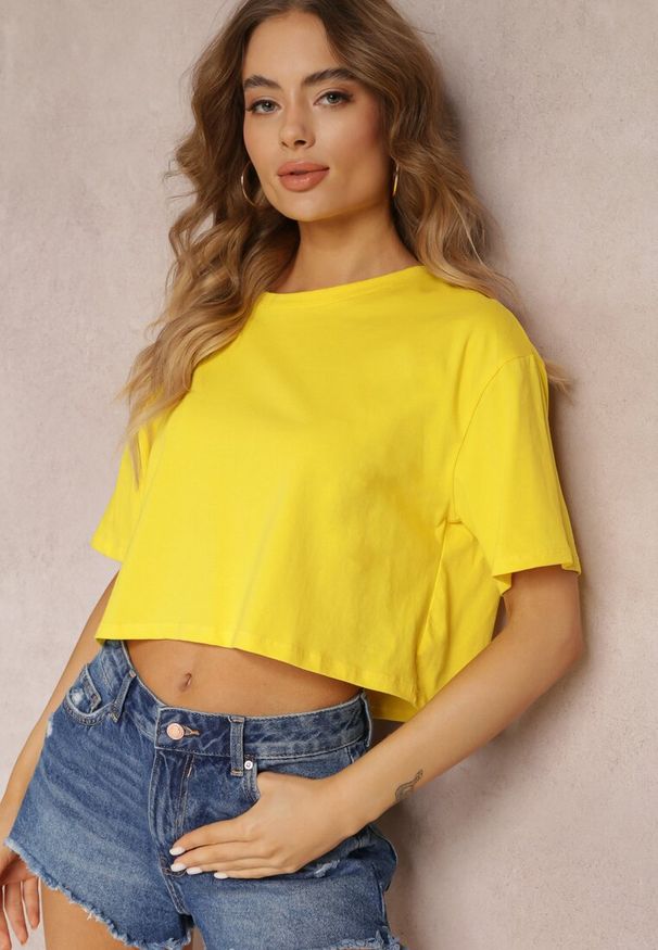 Renee - Żółty T-shirt o Fasonie Cropped Oversize Brighta. Kolor: żółty. Materiał: jeans