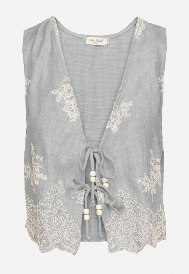 Born2be - Niebieska Kamizelka w Stylu Boho z Haftem i Wiązaniem z Koralikami Olreis. Okazja: na co dzień. Kolor: niebieski. Materiał: jeans, koronka. Wzór: haft. Sezon: lato, wiosna. Styl: boho