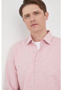 BOSS koszula z domieszką lnu męska kolor różowy slim z kołnierzykiem włoskim. Typ kołnierza: kołnierzyk włoski. Kolor: różowy. Materiał: len