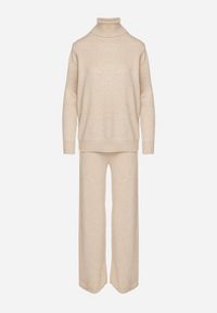 Born2be - Jasnobeżowy Dzianinowy Komplet z Wełną i Bawełną Spodnie i Sweter z Golfem Errele. Kolor: beżowy. Materiał: dzianina, wełna, bawełna. Sport: golf #4