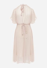 Renee - Beżowa Rozkloszowana Sukienka z Odkrytymi Plecami i Wiązaniem Syrissis. Typ kołnierza: kokarda. Kolor: beżowy. Materiał: materiał, tkanina. Wzór: aplikacja. Styl: elegancki, wizytowy. Długość: midi #5