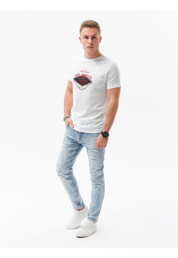 Ombre Clothing - T-shirt męski z nadrukiem S1434 V-21B - biały - XXL. Kolor: biały. Materiał: bawełna. Wzór: nadruk