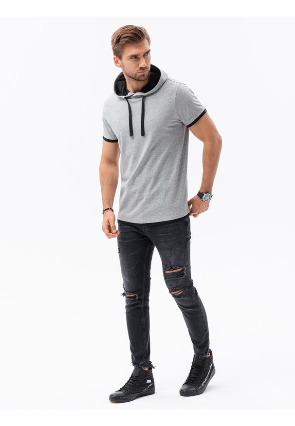 Ombre Clothing - T-shirt męski z kapturem bez nadruku S1376 - szary melanż - XXL. Okazja: na co dzień. Typ kołnierza: kaptur. Kolor: szary. Materiał: bawełna, jersey, dzianina. Wzór: melanż. Styl: klasyczny, casual