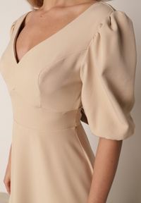 Born2be - Beżowa Elegancka Sukienka z Bufiastymi Rękawami i Wiązaniem na Plecach Zeepy. Kolor: beżowy. Wzór: gładki. Styl: elegancki #5