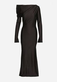 Born2be - Czarna Dopasowana Sukienka z Rozcięciem i Asymetrycznym Dekoltem Ravielis. Okazja: na imprezę. Kolor: czarny. Długość rękawa: długi rękaw. Typ sukienki: asymetryczne. Styl: elegancki, klasyczny #2