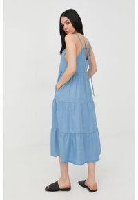 Patrizia Pepe sukienka midi rozkloszowana. Kolor: niebieski. Materiał: tkanina. Długość rękawa: na ramiączkach. Typ sukienki: rozkloszowane. Długość: midi #3
