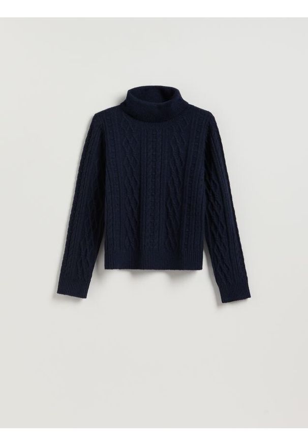 Reserved - Sweter z warkoczowym splotem - granatowy. Kolor: niebieski. Materiał: dzianina, wełna. Wzór: ze splotem