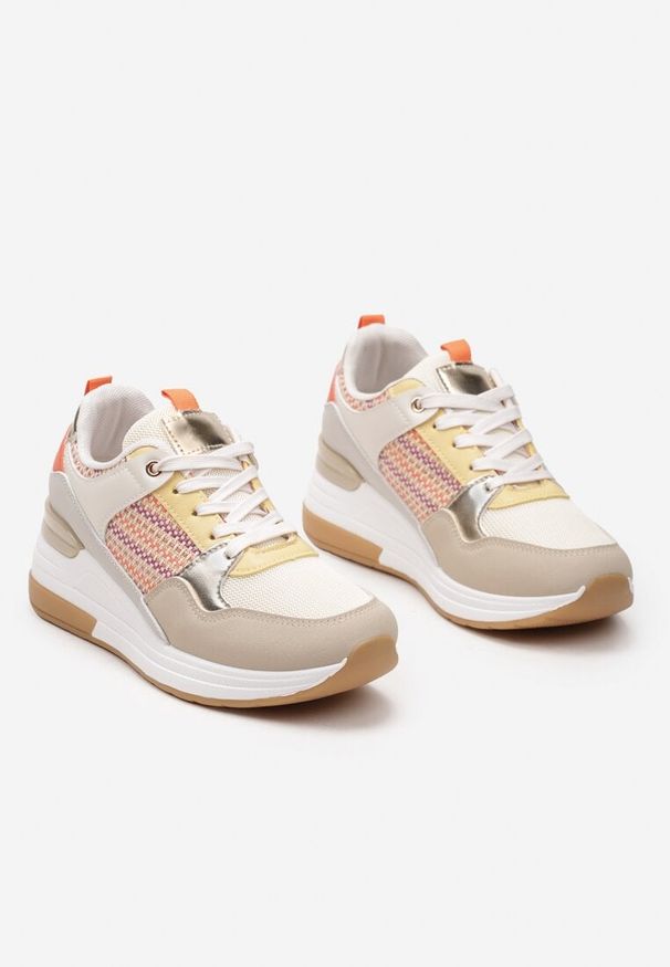 Born2be - Beżowo-Pomarańczowe Sznurowane Sneakersy na Niskim Koturnie Xanthema. Okazja: do pracy. Kolor: beżowy. Materiał: denim. Obcas: na koturnie