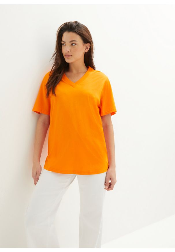 bonprix - Długi shirt z dekoltem w szpic (5 sztuk), krótki rękaw. Okazja: na co dzień. Kolor: pomarańczowy. Długość rękawa: krótki rękaw. Długość: krótkie. Sezon: lato. Styl: casual
