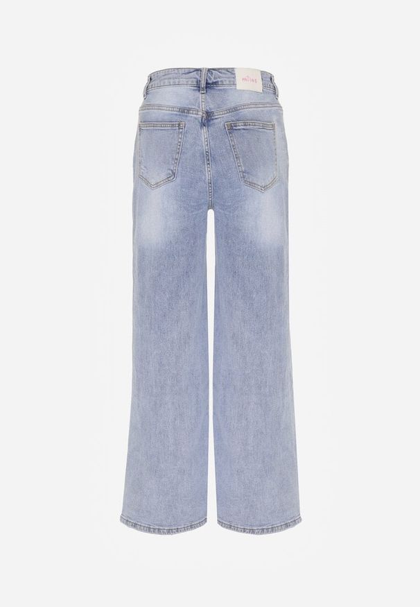 Born2be - Niebieskie Szerokie Jeansy z Wysokim Stanem Zdobione Przetarciami i Dziurami Brizeth. Okazja: na co dzień. Stan: podwyższony. Kolor: niebieski. Wzór: aplikacja. Styl: casual