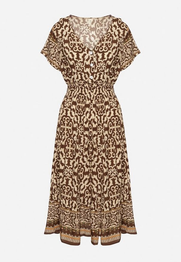 Born2be - Brązowa Bawełniana Sukienka z Guzikami i Ornamentnym Wzorem Zisselle. Kolor: brązowy. Materiał: bawełna