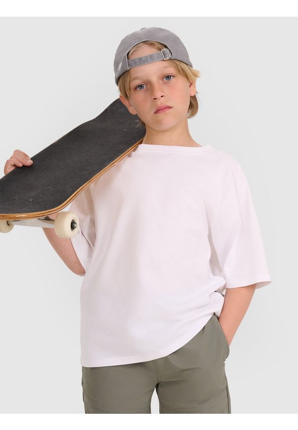4f - 4F T-shirt oversize gładki chłopięcy - biały 140 (9-10 lat). Okazja: na co dzień. Kolor: biały. Materiał: jersey, bawełna, materiał. Długość rękawa: krótki rękaw. Długość: krótkie. Wzór: gładki. Sezon: lato. Styl: sportowy, klasyczny, casual