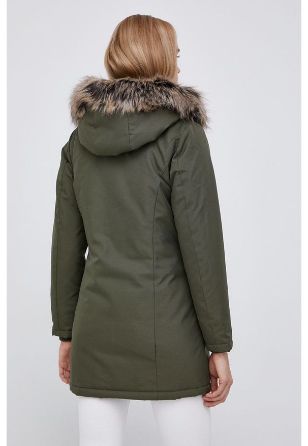 only - Only - Parka. Kolor: zielony. Materiał: tkanina, futro. Wzór: gładki