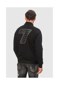 EA7 Emporio Armani - EA7 Czarna bluza rozpinana męska z brokatowym logo, Rozmiar XL. Typ kołnierza: kołnierzyk stójkowy. Kolor: czarny. Materiał: guma. Wzór: aplikacja, paski