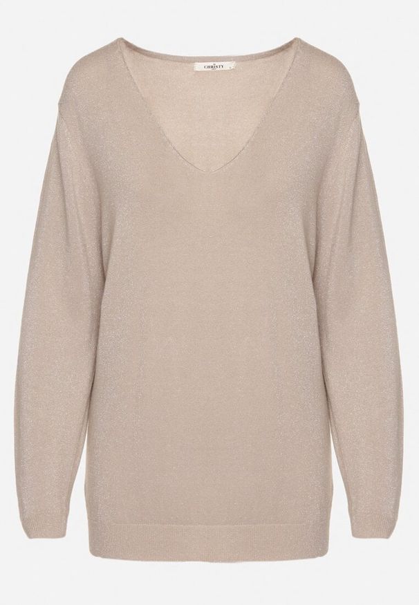 Born2be - Beżowy Wiskozowy Sweter o Pudełkowym Kroju z Metaliczną Nitką Essmia. Okazja: na co dzień, na spacer. Typ kołnierza: dekolt w serek. Kolekcja: plus size. Kolor: beżowy. Materiał: wiskoza. Styl: klasyczny, casual