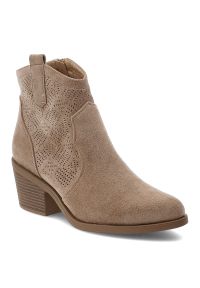 Beżowe Botki S.Barski Ażurowe Kowbojki Damskie. Kolor: beżowy. Materiał: jeans, materiał. Wzór: ażurowy. Obcas: na obcasie. Wysokość obcasa: średni #1
