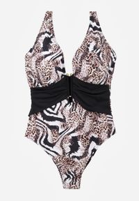 Born2be - Biało-Beżowy Jednoczęściowy Strój Kąpielowy z Marszczeniem w Talii Pasiniassi. Kolor: biały. Wzór: aplikacja #4