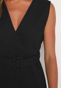 Born2be - Czarny Kopertowy Kombinezon z Bawełny z Gumką w Talii Szerokimi Nogawkami i Paskiem Hralfrea. Okazja: na co dzień. Kolor: czarny. Materiał: bawełna. Styl: casual, elegancki #7