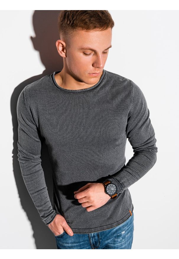 Ombre Clothing - Sweter męski bawełniany E180 - grafitowy - XXL. Kolor: szary. Materiał: bawełna. Styl: klasyczny
