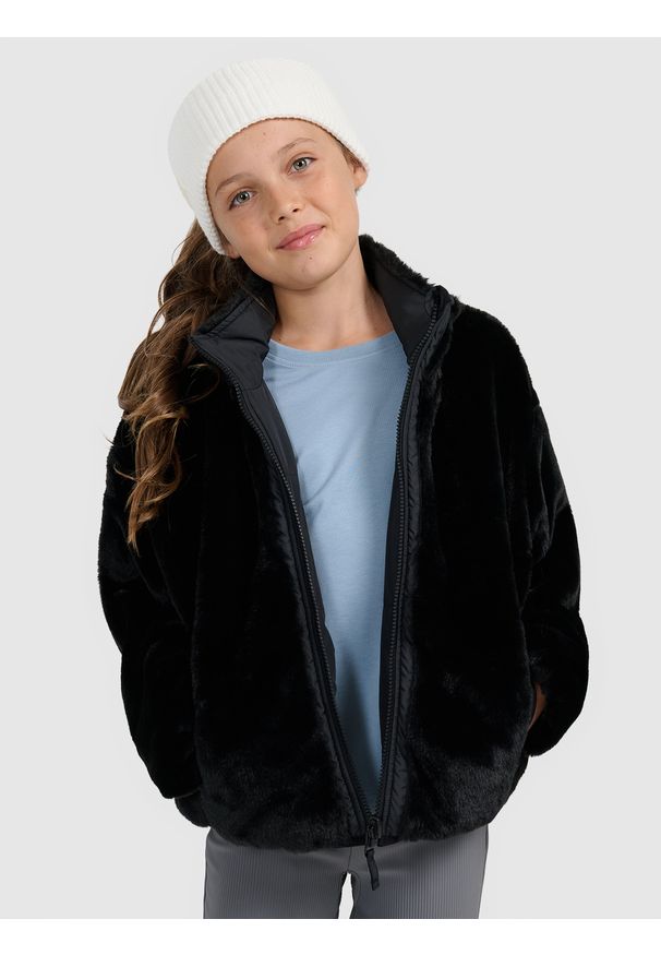 4f - 4F Dwustronna kurtka puchowa z wypełnieniem syntetycznym dziewczęca - czarny 152 (11-12 lat). Okazja: na co dzień. Typ kołnierza: kołnierzyk stójkowy. Kolor: czarny. Materiał: syntetyk, puch. Sezon: lato. Styl: casual