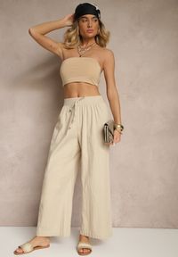 Renee - Beżowe Spodnie High Waist Szerokie z Bawełny Wiązane w Pasie z Gumką w Talii Yaslio. Okazja: na co dzień. Stan: podwyższony. Kolor: beżowy. Materiał: bawełna. Styl: elegancki, casual