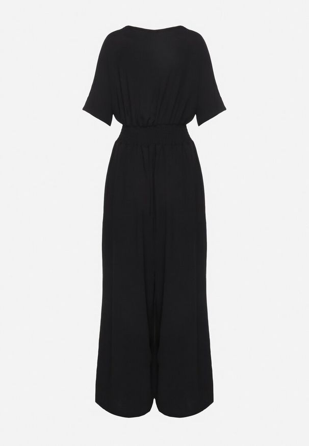 Born2be - Czarny Kopertowy Kombinezon z Gumką w Talii i Szerokimi Nogawkami Vimashea. Okazja: na co dzień. Kolor: czarny. Styl: elegancki, casual