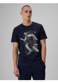 4f - 4F T-shirt regular z nadrukiem męski - niebieski L. Okazja: na co dzień. Kolor: niebieski. Materiał: dzianina, bawełna, dresówka, jeans. Wzór: nadruk. Styl: casual, klasyczny #1