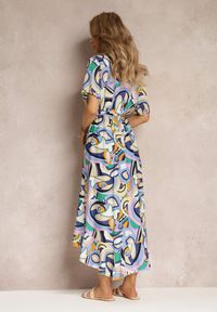 Renee - Niebieska Wzorzysta Sukienka Midi z Gumką w Talii z Wiskozy Angelett. Okazja: na co dzień. Kolor: niebieski. Materiał: wiskoza. Typ sukienki: kopertowe. Styl: casual. Długość: midi #4