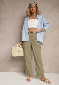 Renee - Ciemnozielone Spodnie z Bawełny High Waist z Wiązaniem Tyswia. Okazja: na co dzień. Stan: podwyższony. Kolor: zielony. Materiał: bawełna. Styl: casual, elegancki