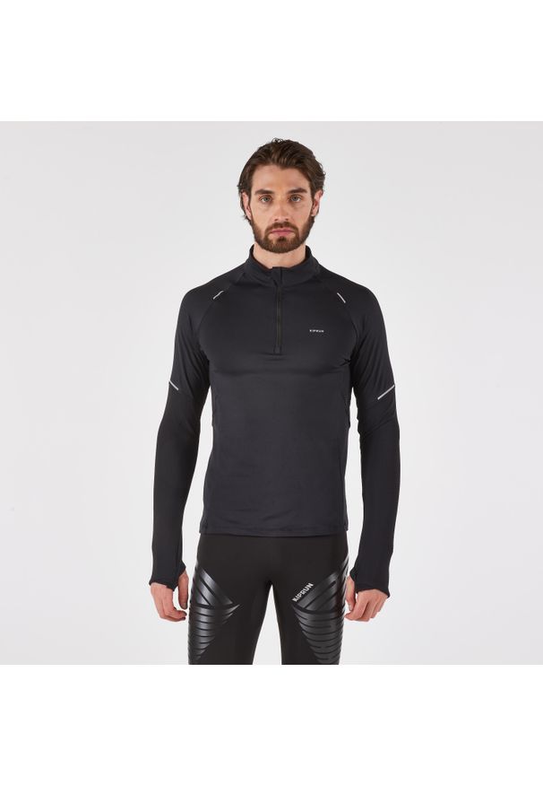 KIPRUN - Bluza do biegania męska Kiprun Run 500 Warm ocieplana. Kolor: czarny. Materiał: elastan, poliester, materiał. Długość rękawa: długi rękaw. Długość: długie. Sport: bieganie