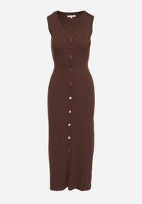 Born2be - Brązowa Wiskozowa Sukienka o Taliowanym Kroju Bez Rękawów Zdobiona Guzikami Esinea. Okazja: na co dzień. Typ kołnierza: dekolt w serek. Kolor: brązowy. Materiał: wiskoza. Długość rękawa: bez rękawów. Wzór: aplikacja. Styl: casual #7