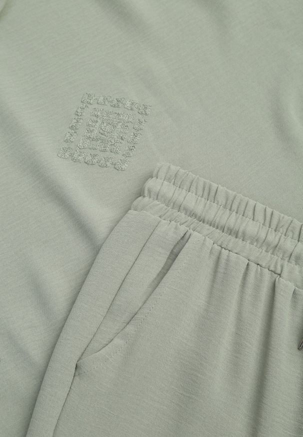Renee - Jasnozielony Komplet Oversize z Dużą Zawartością Wiskozy Bluzka z Haftem i Spodnie Lenise. Kolor: zielony. Materiał: wiskoza. Wzór: haft