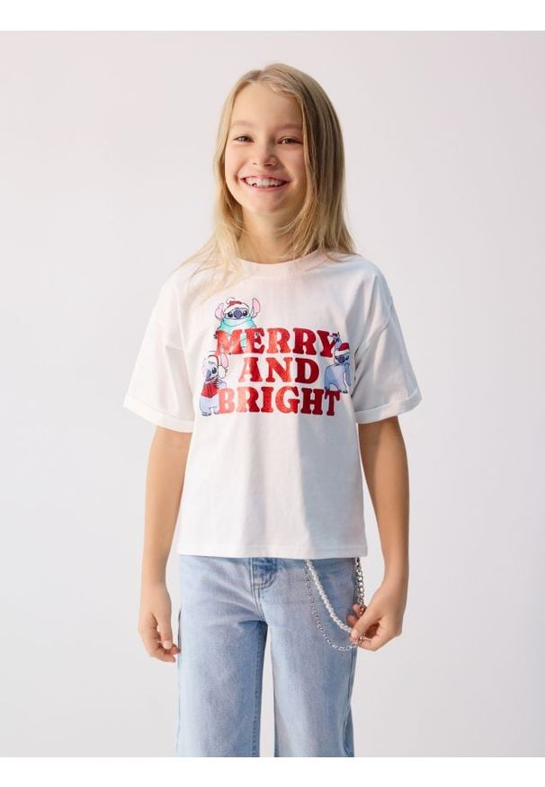 Reserved - Świąteczny t-shirt Lilo i Stitch - złamana biel. Materiał: bawełna. Styl: wizytowy