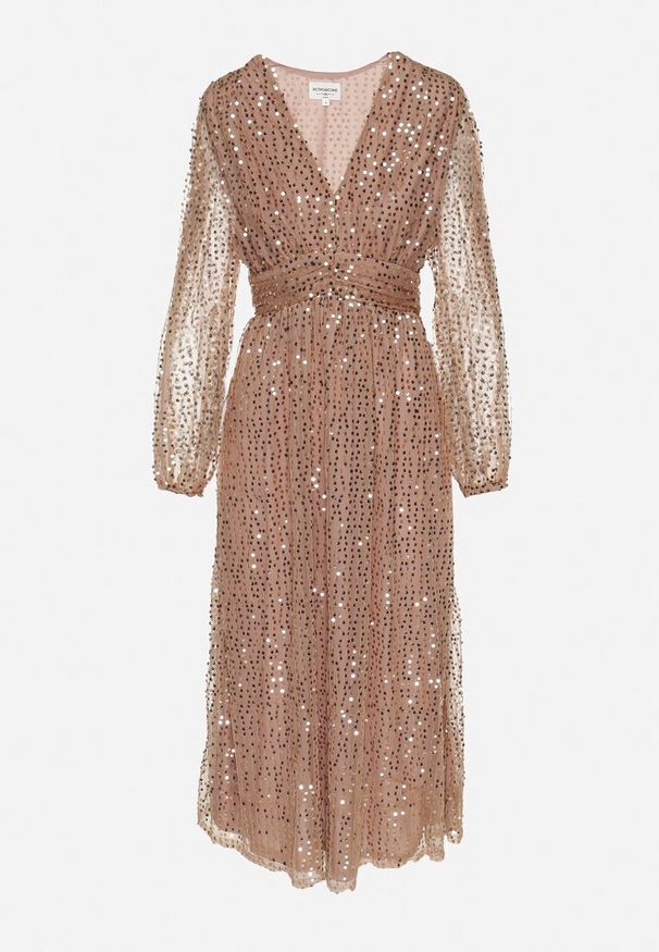 Born2be - Złota Sukienka Siateczkowa o Kopertowym Kroju Zdobiona Cekinami Boniga. Typ kołnierza: dekolt w kształcie V. Kolor: złoty. Wzór: aplikacja. Typ sukienki: kopertowe. Styl: klasyczny, wizytowy