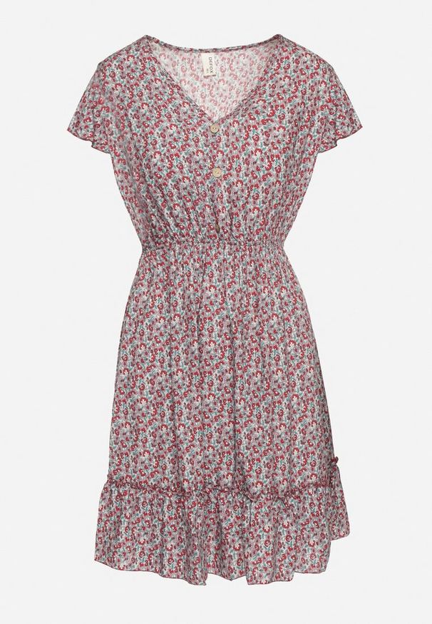 Born2be - Bordowa Bawełniana Rozkloszowana Sukienka w Kwiaty z Falbanami i Gumką w Talii Nelyse. Okazja: na co dzień. Kolor: czerwony. Materiał: bawełna. Długość rękawa: krótki rękaw. Wzór: kwiaty. Typ sukienki: rozkloszowane. Styl: casual