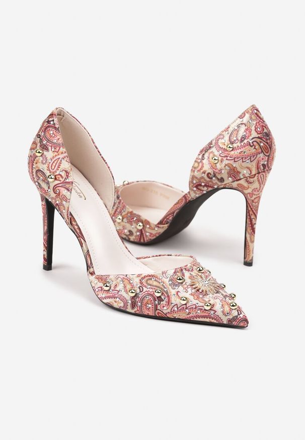 Renee - Różowe Szpilki z Noskiem w Szpic z Oryginalnym Wzorem z Cyrkoniami i Nitami Alfiratte. Kolor: różowy. Wzór: aplikacja. Obcas: na szpilce