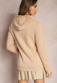 Renee - Beżowa Bluza Kangurka Ocieplona Polarem z Ozdobnym Nadrukiem Elili. Okazja: na co dzień. Kolor: beżowy. Materiał: polar. Wzór: nadruk. Styl: casual, elegancki