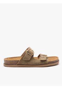 Ryłko - Oliwkowe klapki z dwoma paskami. Nosek buta: okrągły. Kolor: oliwkowy. Materiał: welur, skóra. Wzór: paski. Sezon: lato. Styl: klasyczny, street, elegancki #1