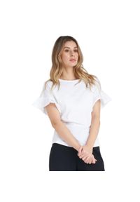 LEONE 1947 APPAREL - Błyszcząca damska koszulka z krótkim rękawem i falbaną. Kolor: biały. Materiał: tkanina. Długość rękawa: krótki rękaw. Długość: krótkie. Sport: fitness