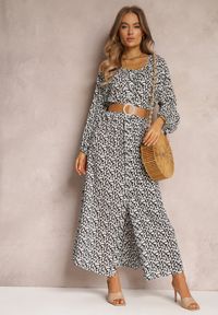 Renee - Biało-Czarna Sukienka Hyrathe. Kolor: czarny. Materiał: tkanina. Wzór: aplikacja, kwiaty, nadruk. Styl: elegancki. Długość: maxi