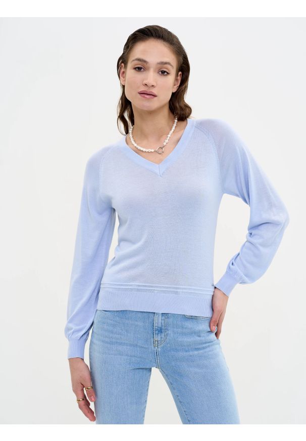 Big-Star - Sweter damski z wiskozy niebieski Simona 400. Kolor: niebieski. Materiał: wiskoza. Wzór: aplikacja. Styl: wakacyjny, klasyczny, vintage
