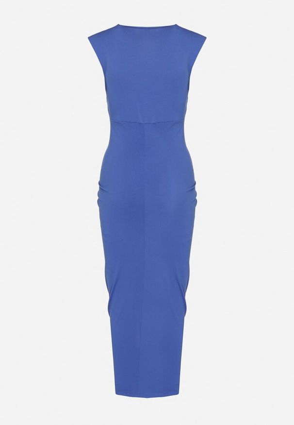 Born2be - Niebieska Sukienka Koktajlowa z Kopertowym Dekoltem Marszczeniem i Guzikami Tdivane. Kolor: niebieski. Typ sukienki: kopertowe. Styl: wizytowy